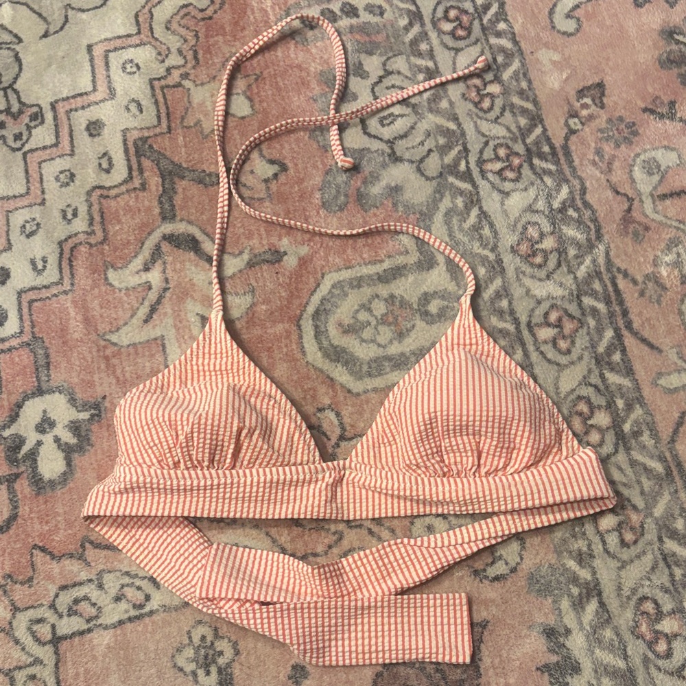 J. Crew Pink Striped “Seersucker” fabric Halter Triangle Swim Top, size Medium